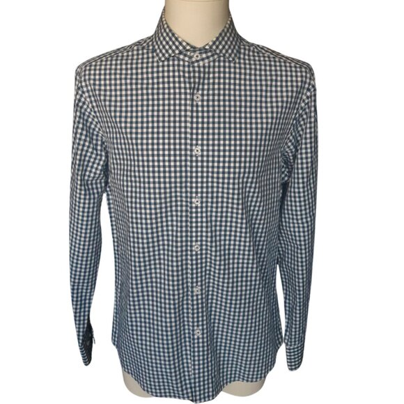 Black Brown 1826 SZ M Navy & White Gingham 100% Cotton Men's Button Up Shirt - Picture 1 of 12